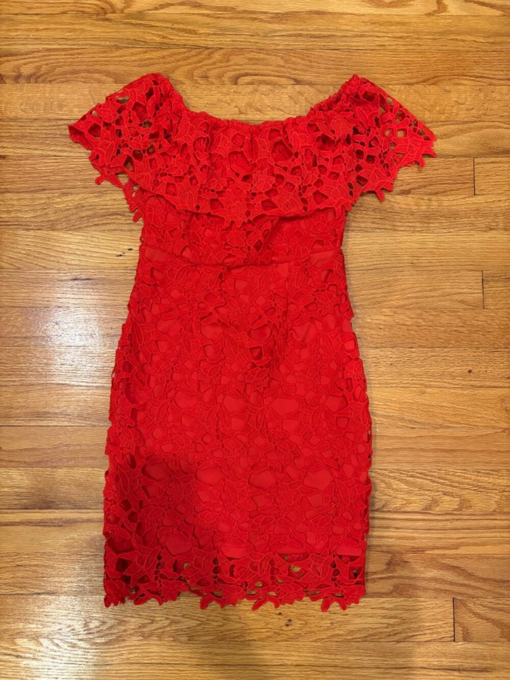 Lulus Deep Orange Red Lace Off the Shoulder Dress (Size XS)